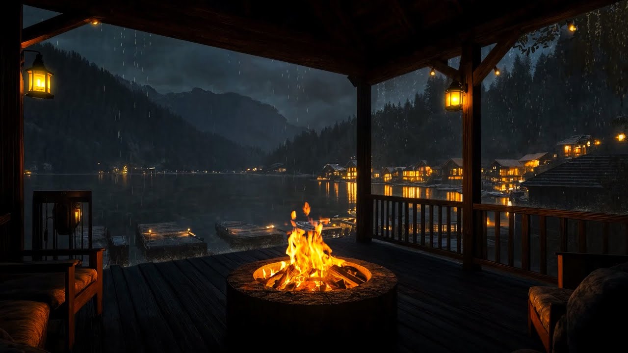Peaceful Old Town Rainy Night • Gentle Rain & Crackling Fire • Drift Into Deep Sleep