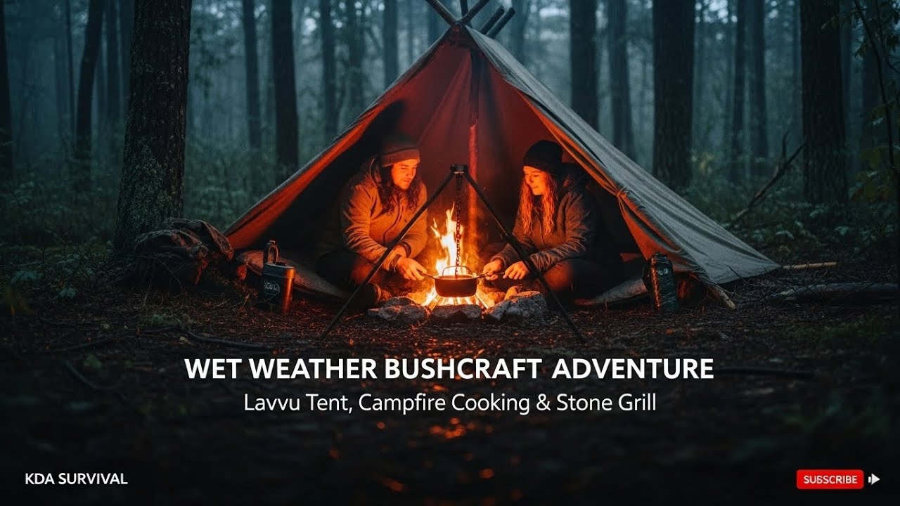 Wet Weather Bushcraft Adventure – Lavvu Tent, Campfire Cooking & Stone Grill | KDA SURVIVAL