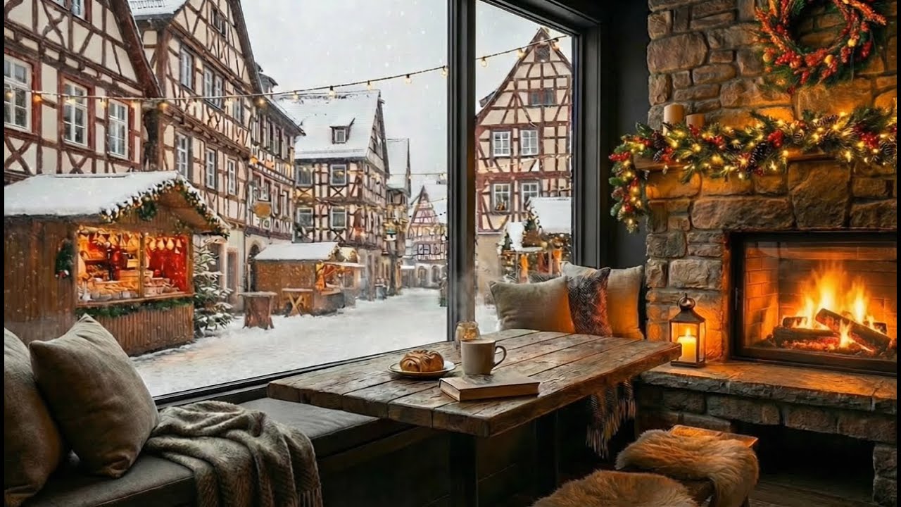 Snowy European Café ❄️ Warm Ambience with Crackling Fire & Soft Jazz