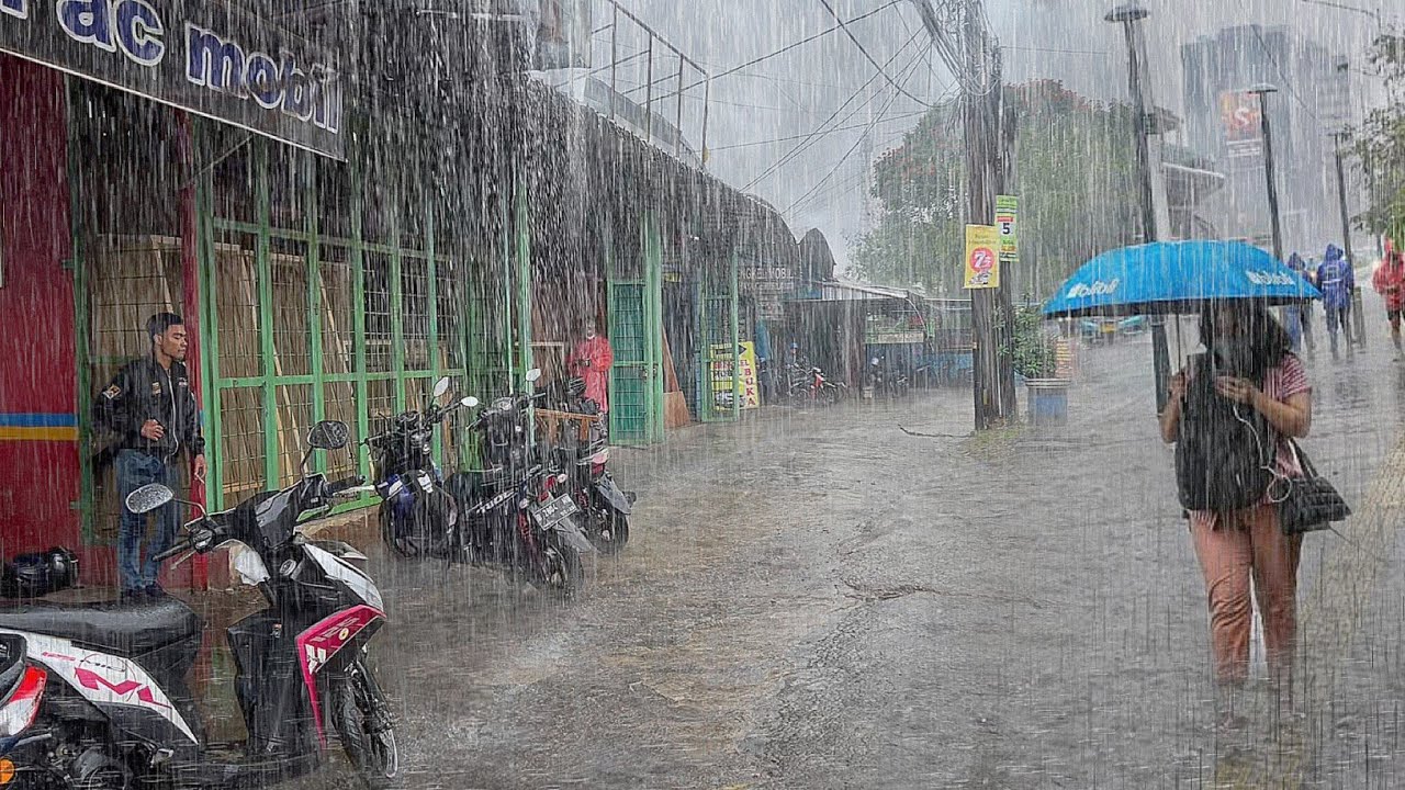 Heavy Rain in My Village, Indonesia | very cold, suitable for insomnia, walking in heavy rain
