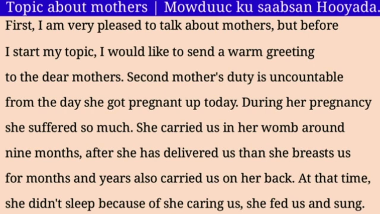 Topic About Our Mothers with Somali Meaning Part 1.