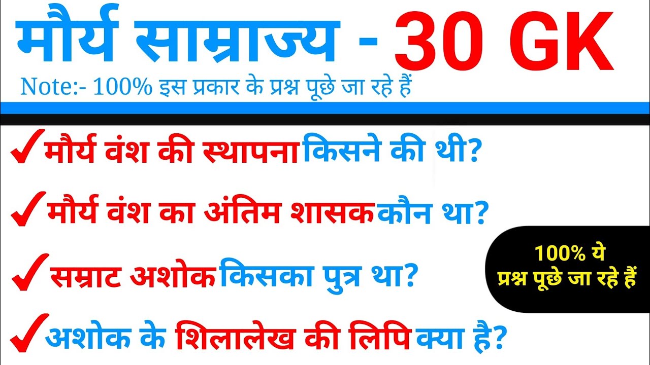 Top 30 : मौर्य साम्राज्य (Maurya Empire) | SSC GD में 100% पूछे जा रहे हैं | SSC GD GK