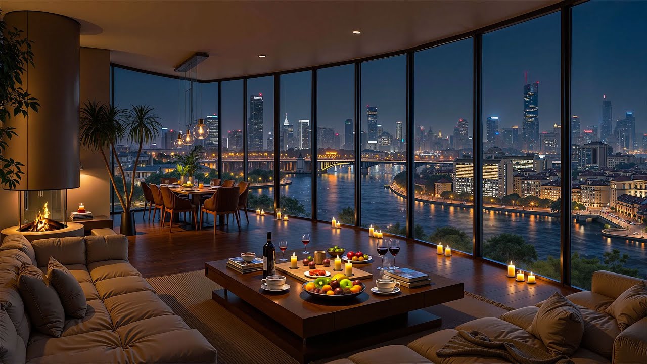 4K Romantic City Night with Soft Jazz Music 🌆 Cozy Riverside Apartment for Chill & Sleep