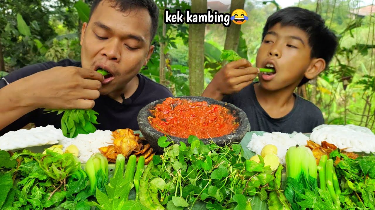 Mukbang lalapan batang pepaya + pucuk paku + jengkol + antanan + ikan kapas + sambel terasi, nikmat