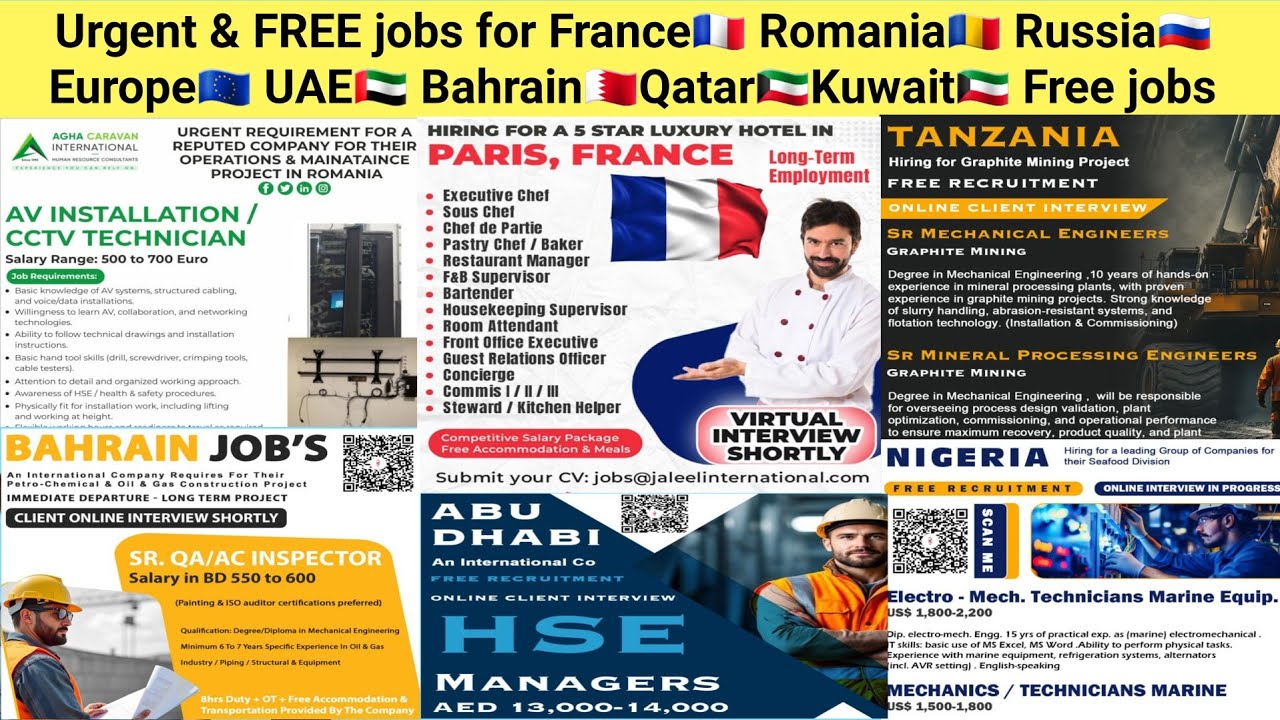 Urgent & FREE jobs for France🇫🇷 Romania🇷🇴 Russia🇷🇺 Europe🇪🇺 UAE🇦🇪 Bahrain🇧🇭Qatar🇰🇼Kuwait🇰🇼 Free jobs