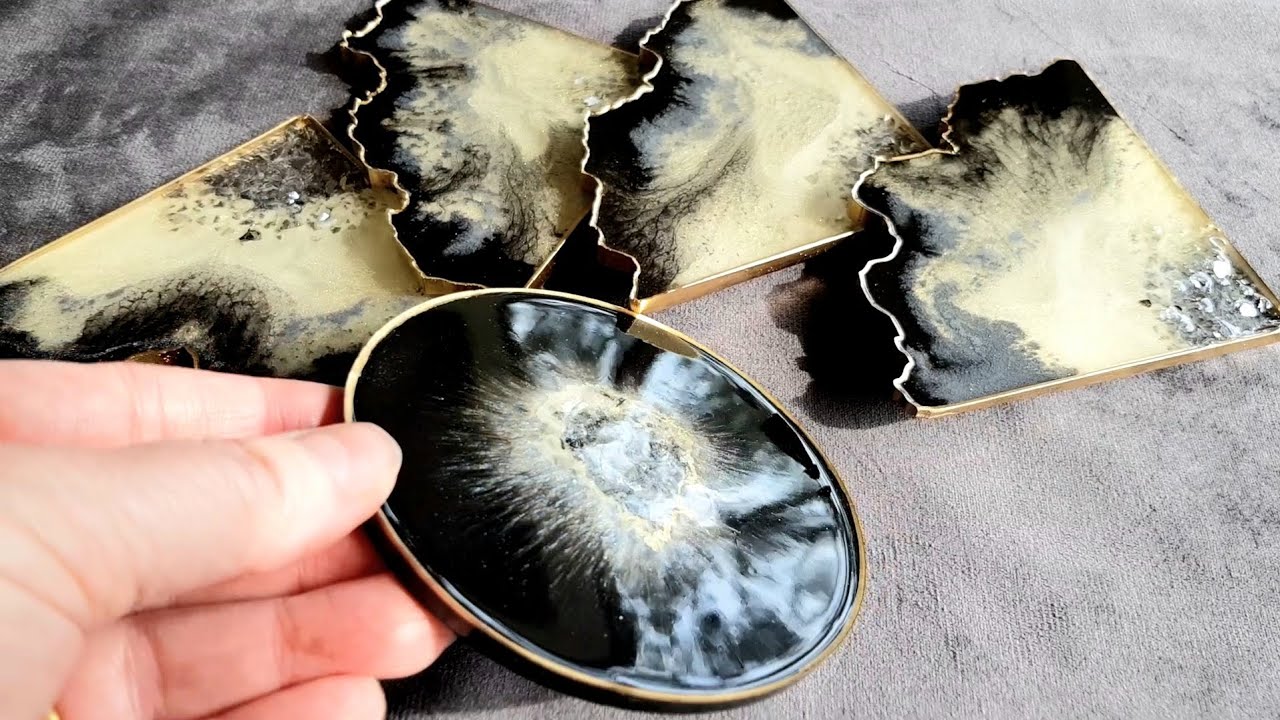 #852 Stunning Resin Geode Coasters In Black, Silver And Gold