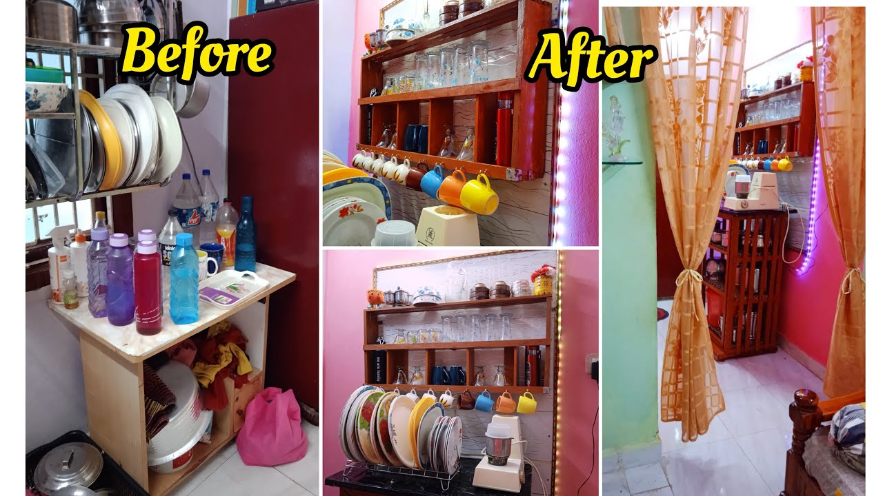 DIY kitchen Makeover with scrap wood waste material  DIY kitchen storage shelf non Modular kitchen