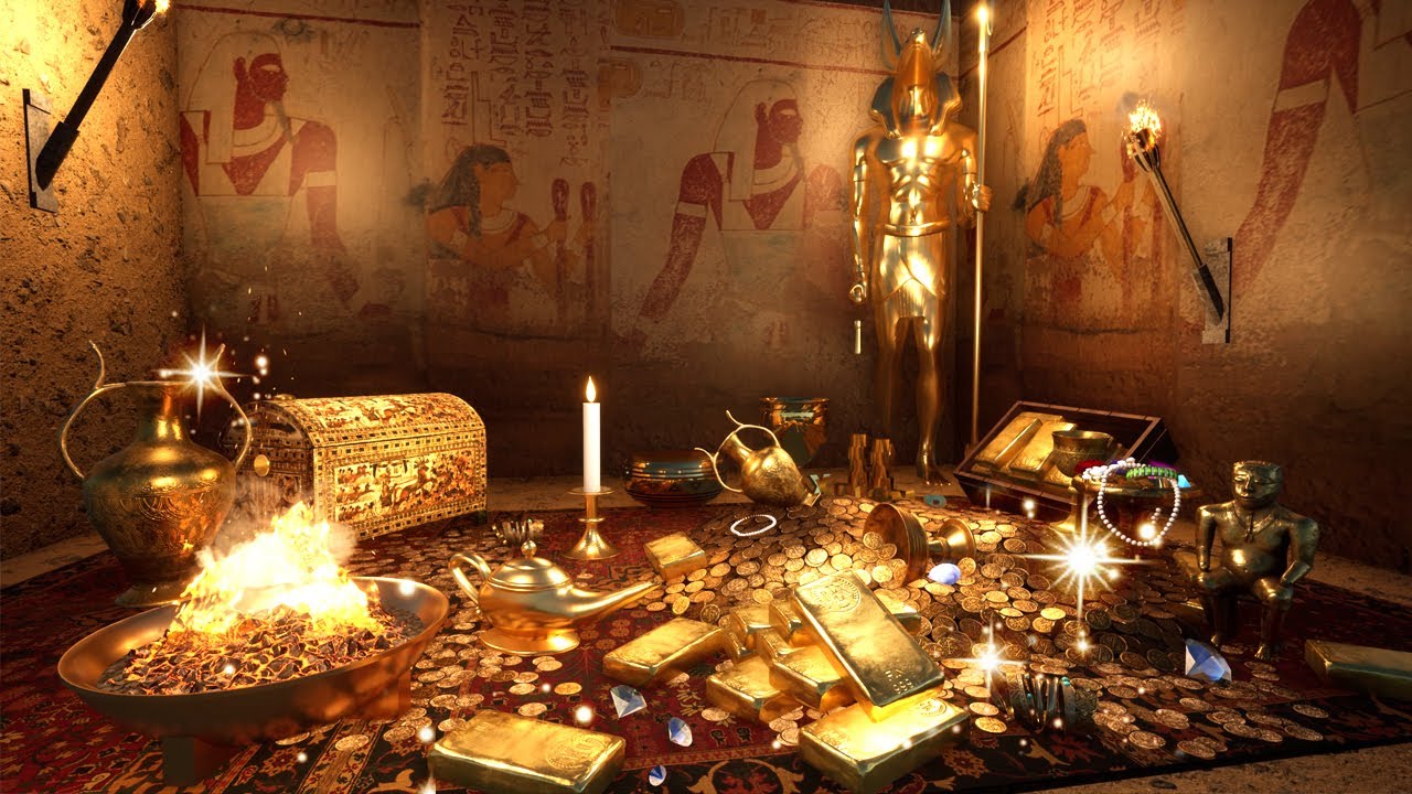 Ancient Egyptian Treasure Ambience ASMR 🌟2K💎Fire & Treasure Sounds,Wind & Crickets, Fountain & Sea