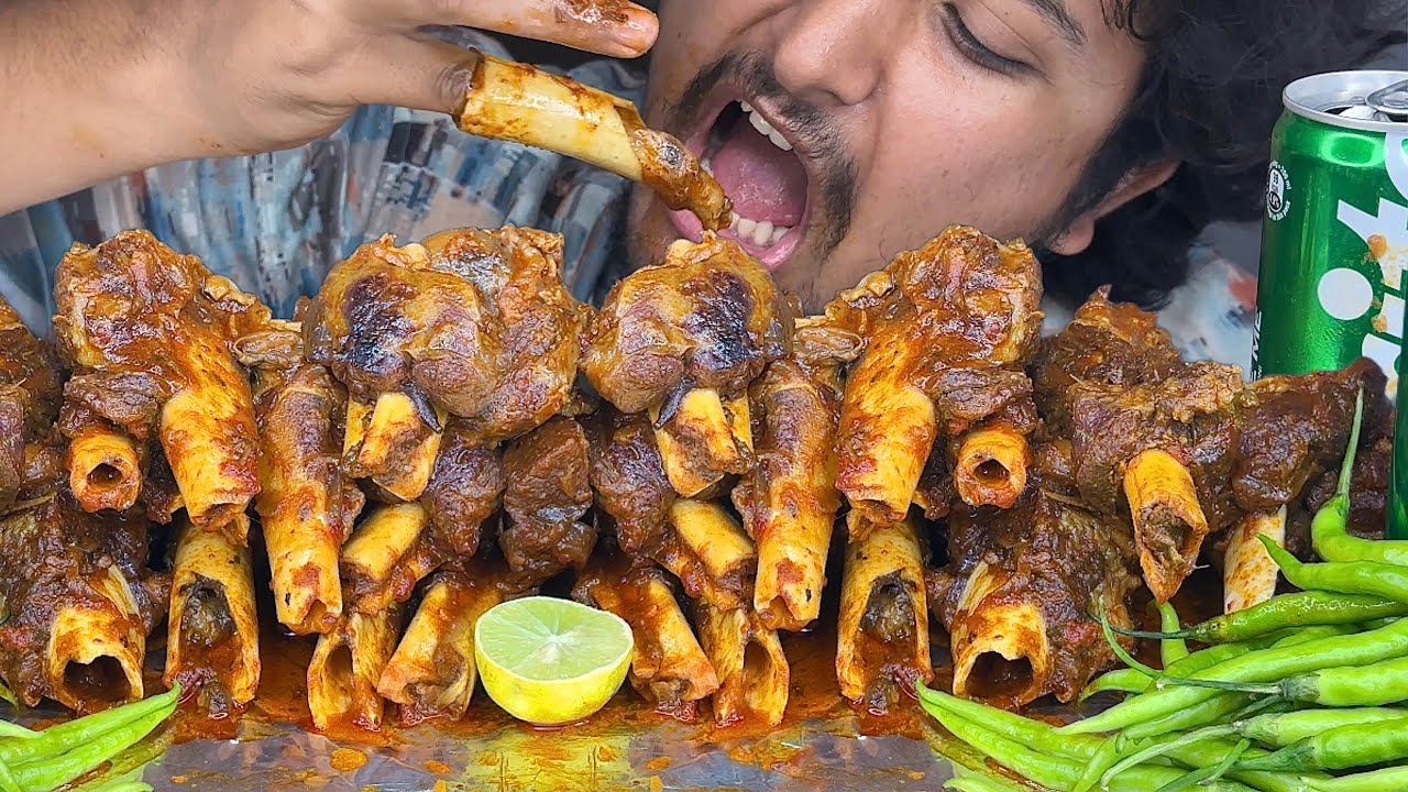 MUKBANG: SPICY GOAT NALLI FRY WITH GREEN CHILLI EATING CHALLENGE | MUTTON NALLI EATING CHALLENGE