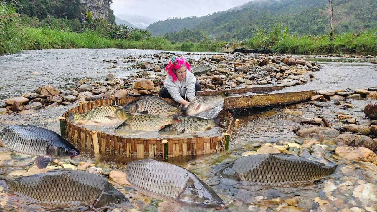 Using unique fishing methods in the wild, the girl caught nearly 30kg of fish.