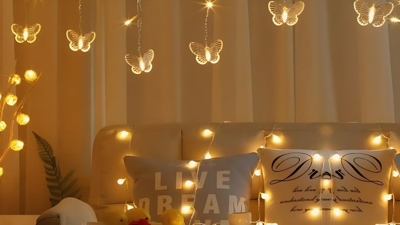 butterfly string lights background | fairy string lights wallpaper | bedroom decor lights | cozy