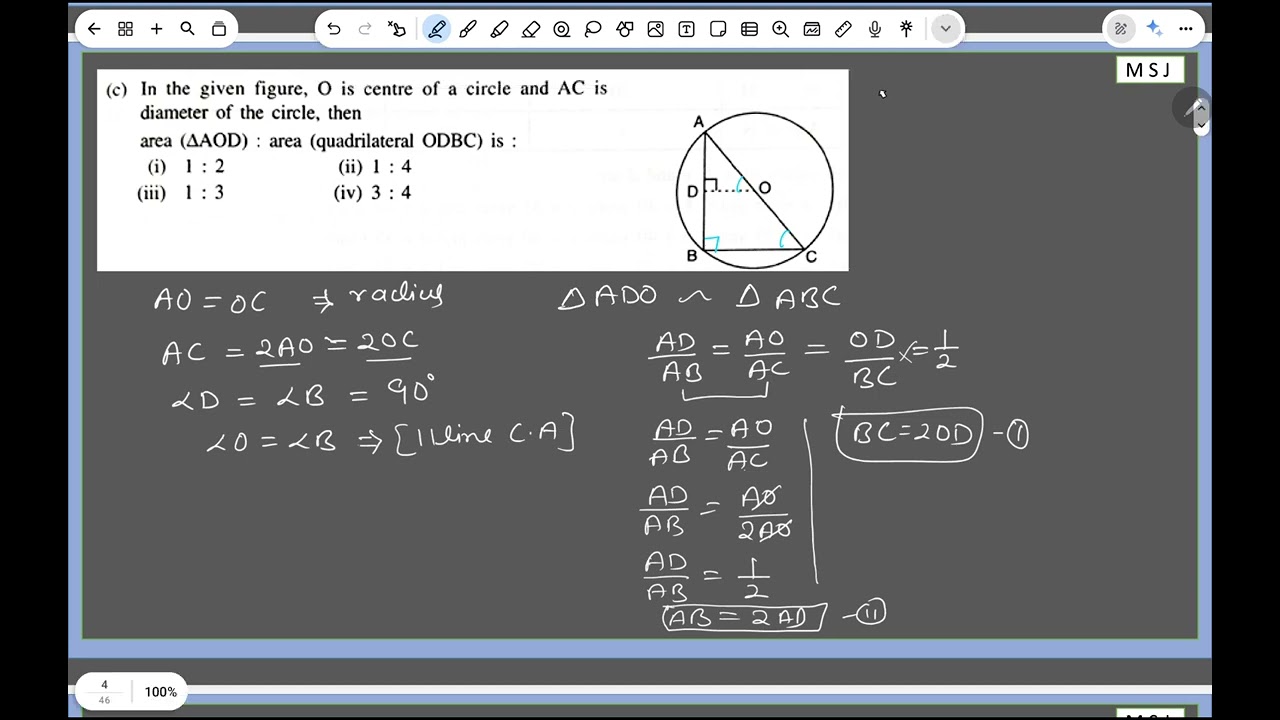 O is centre of a circle and AC is diameter of the circle, then area AAOD: area (quadrilateral ODBC)