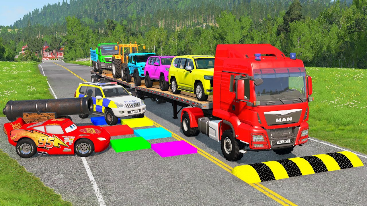 Triple Flatbed Trailer McQueen Transportation with Truck - Speedbumps vs Cars vs Train - BeamNG #7
