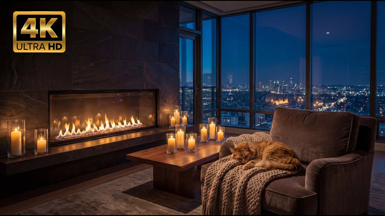 Warm Fireplace Sounds with a Sleeping Cat 🐱🔥 Deep Relaxation