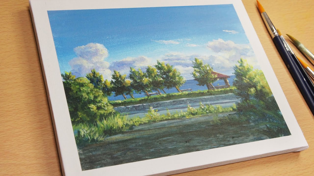 夏の夕方の海岸通り/アクリル風景画制作過程 03