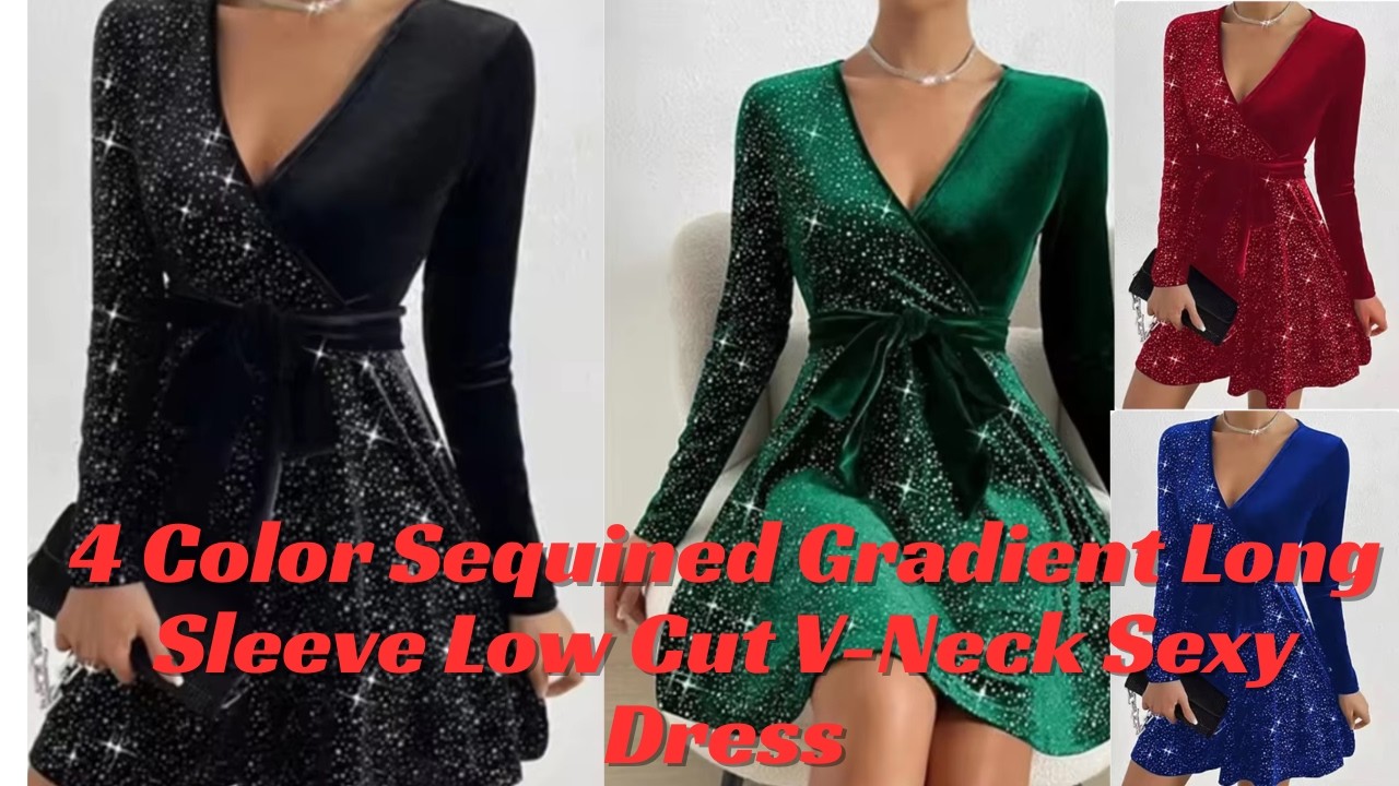 4 Color Sequined Gradient Long Sleeved Low Cut V-neck Sexy Dress