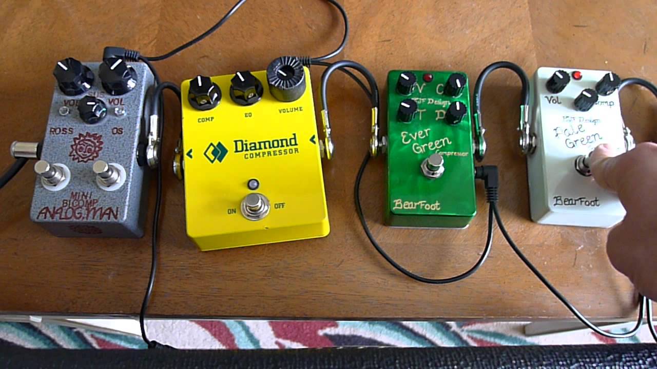 Guitar Compressor comparison: Bearfoot FX Pale Green and Evergreen, Diamond, and Analogman Bi-Comp