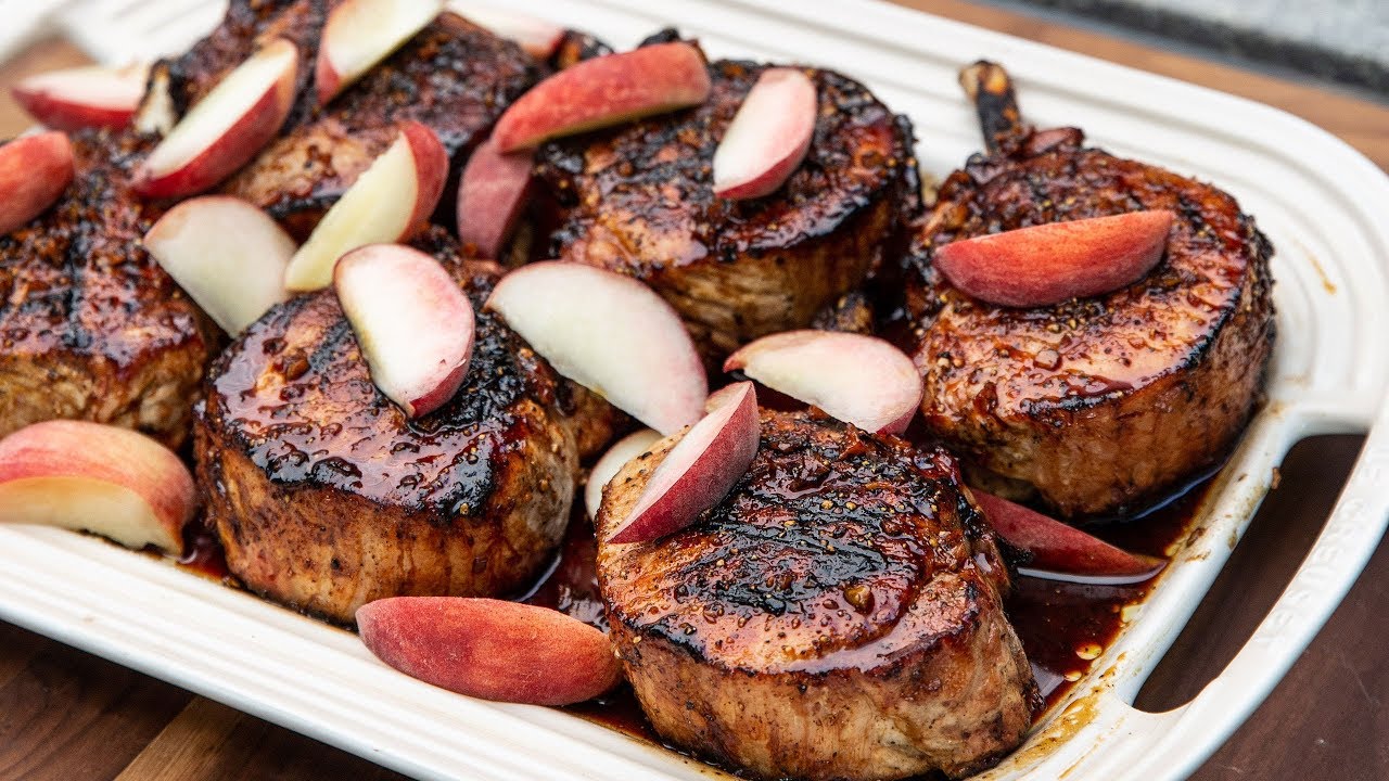 Grilled Pork Chops with Peaches + Honey Garlic Glaze by Ludo Lefebvre