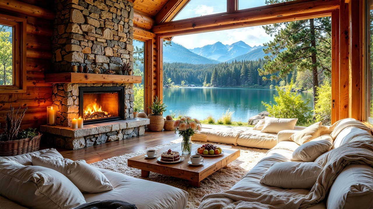Spring Morning at Calm Porch Ambience 🌺 Relaxing Piano Music & Crackling Fireplace for Unwinding