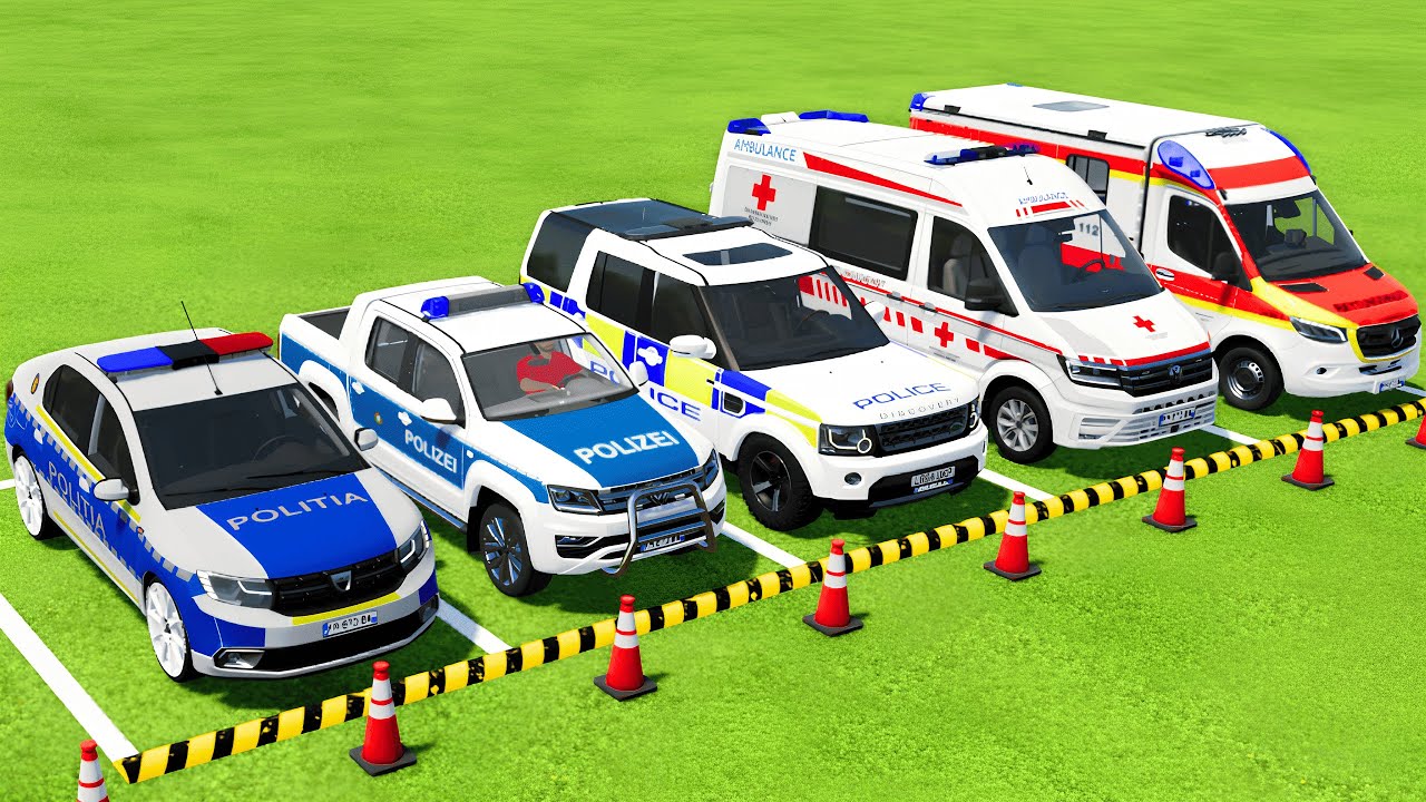 TRANSPORTING ALL POLICE CARS and AMBULANCE EMERGENCY VEHICLES WITH TRUCKS ! Farming Simulator 22