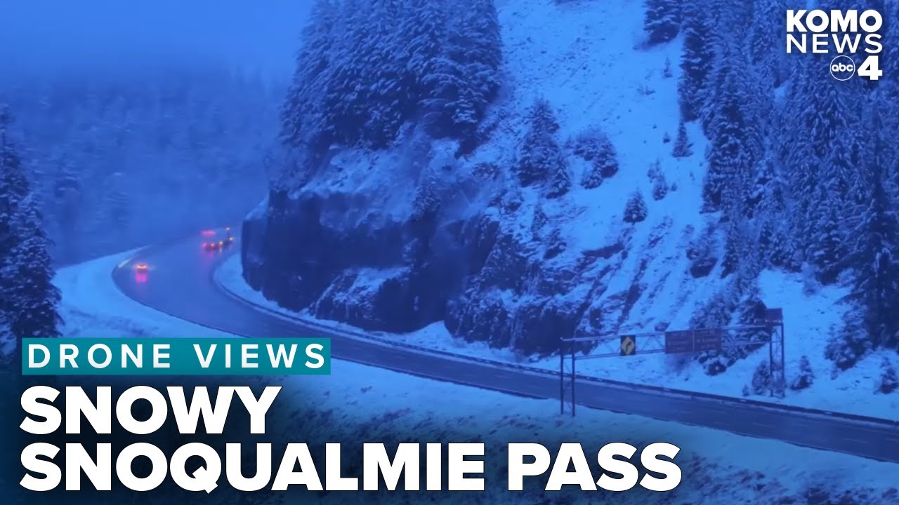 Drone views: Beautiful Snoqualmie Pass as snow piles up in the early morning