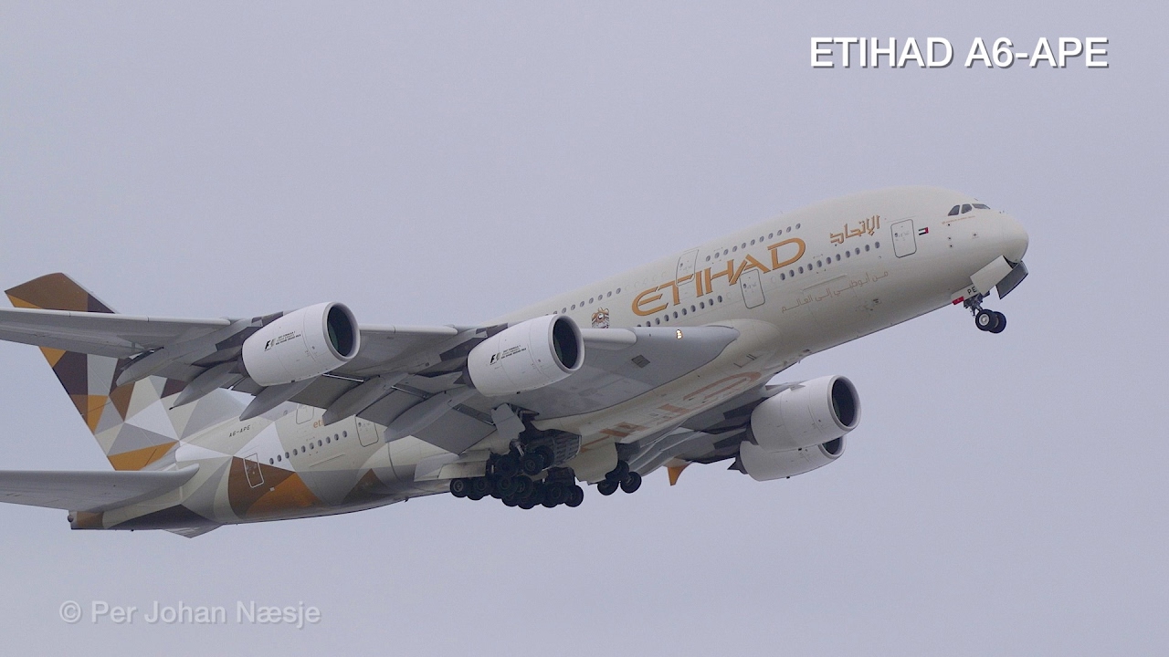 ETIHAD Airbus A380 powerful takeoff from Oslo Airport Gardermoen Norway