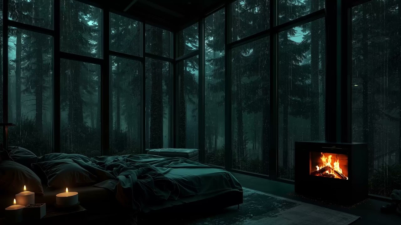 Rain Sounds for Sleeping | Cozy Forest Bedroom with Fireplace on a Rainy Night
