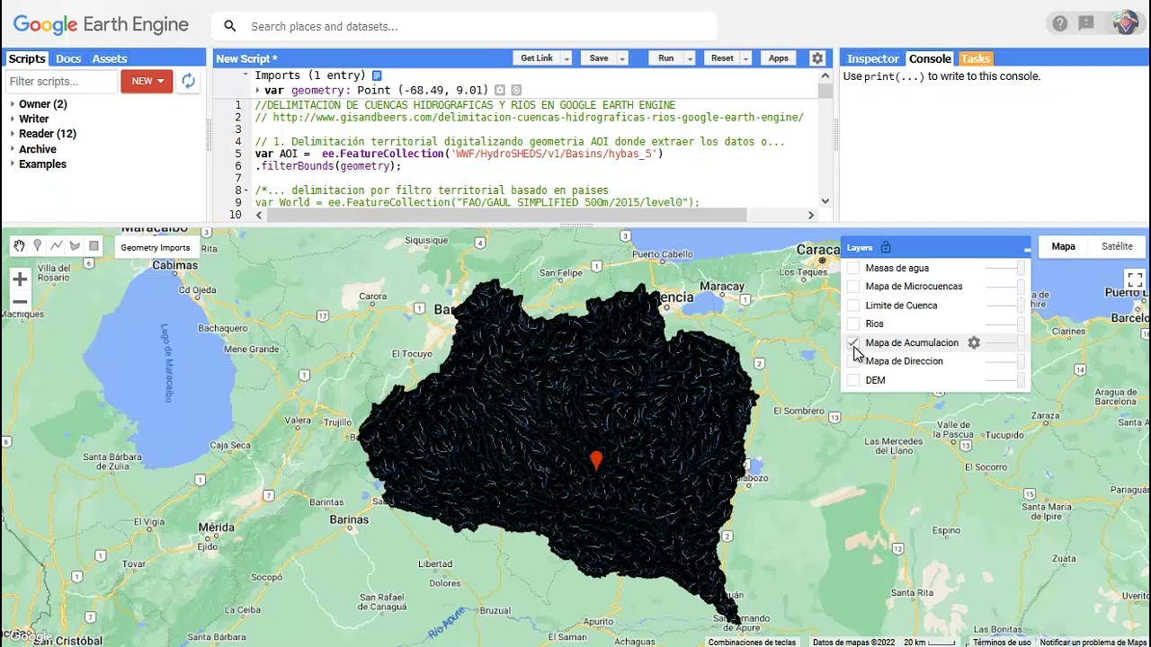 Delimitación de cuencas hidrográficas y redes en Google Earth Engine