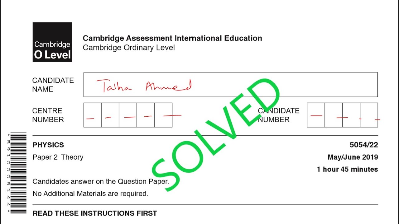 O level Physics 5054 May/June 2019 Paper 22 Past Paper Solution