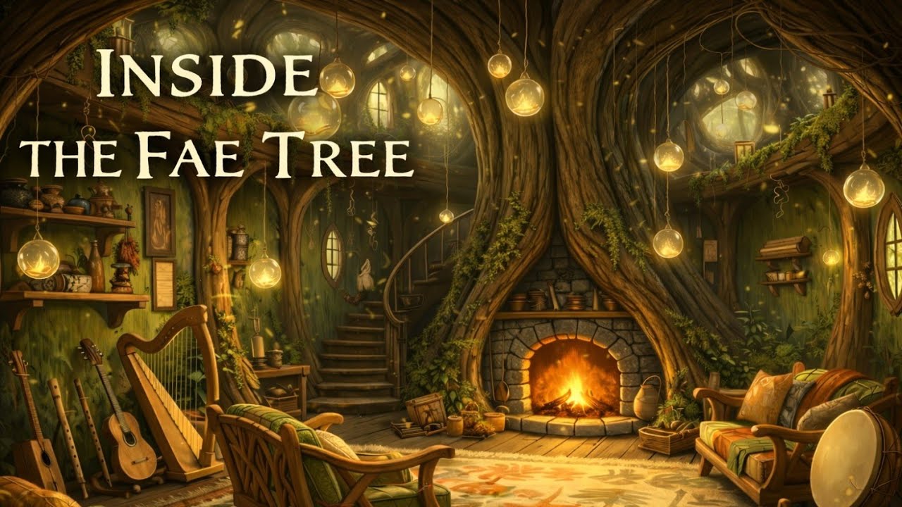 Inside the Fae Tree🌲 | Relaxing Fantasy Ambience with Crackling Fire 🔥