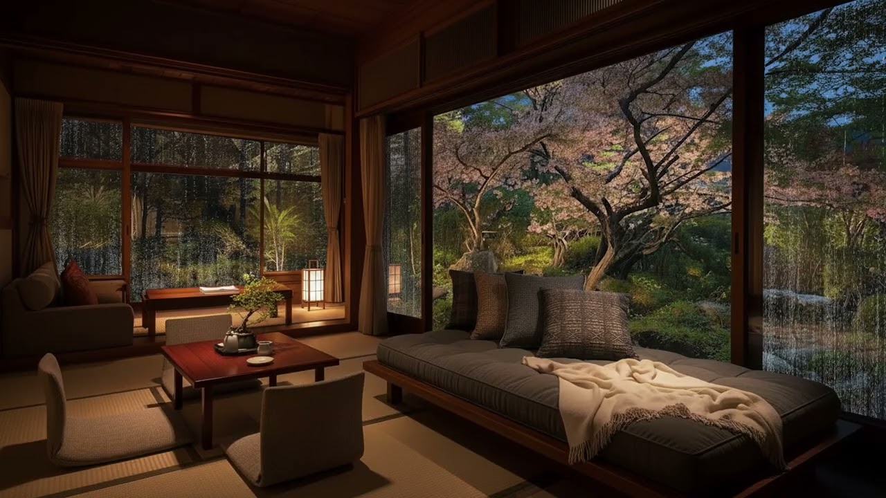 Gentle Night Rain in a Cozy Ryokan 🌧️ Zen Stone Garden Ambience for Deep Sleep, Study & Relaxation