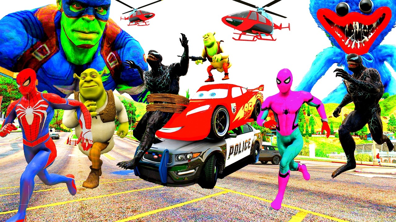 Khi Si&ecirc;u Nh&acirc;n Người Nhện Chạy Xe &Ocirc; T&ocirc; Mcqueen Giải Cứu Si&ecirc;u Anh H&ugrave;ng! Spiderman Car Race superheroes