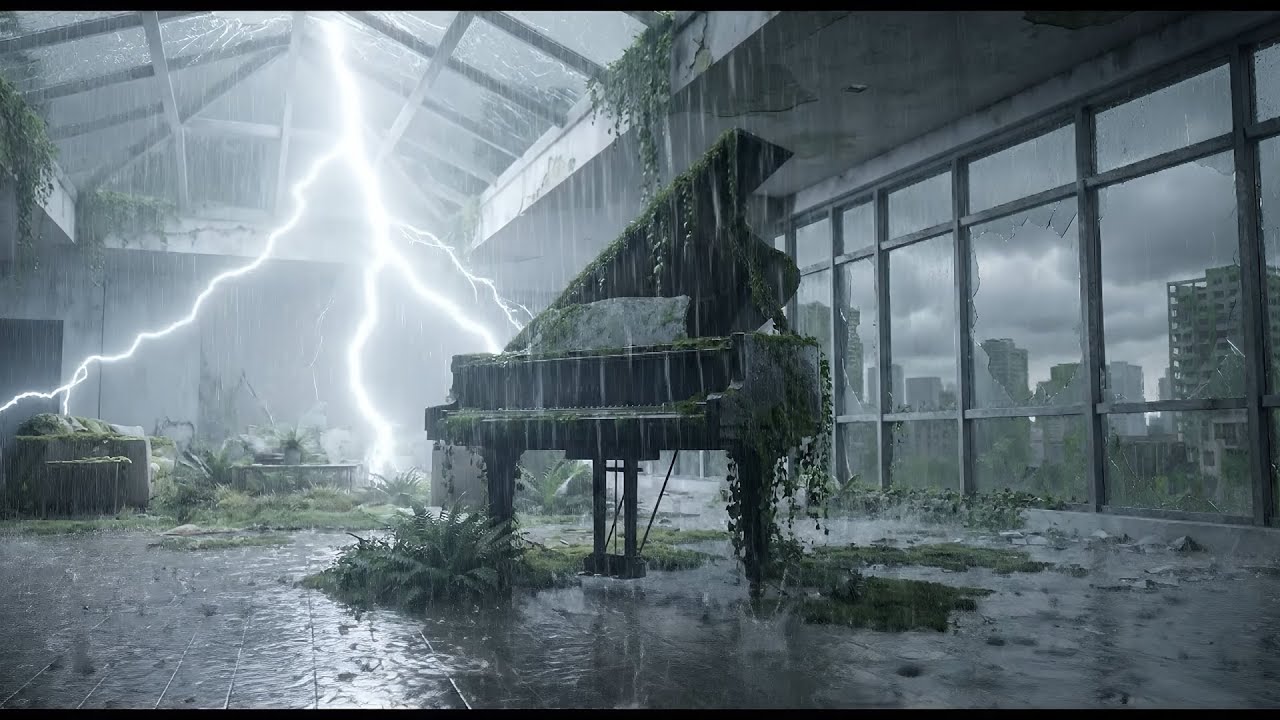 🌧️ Гроза в заброшенном зале с роялем | Атмосфера для глубокого сна и концентрации (3 часа, 4K)
