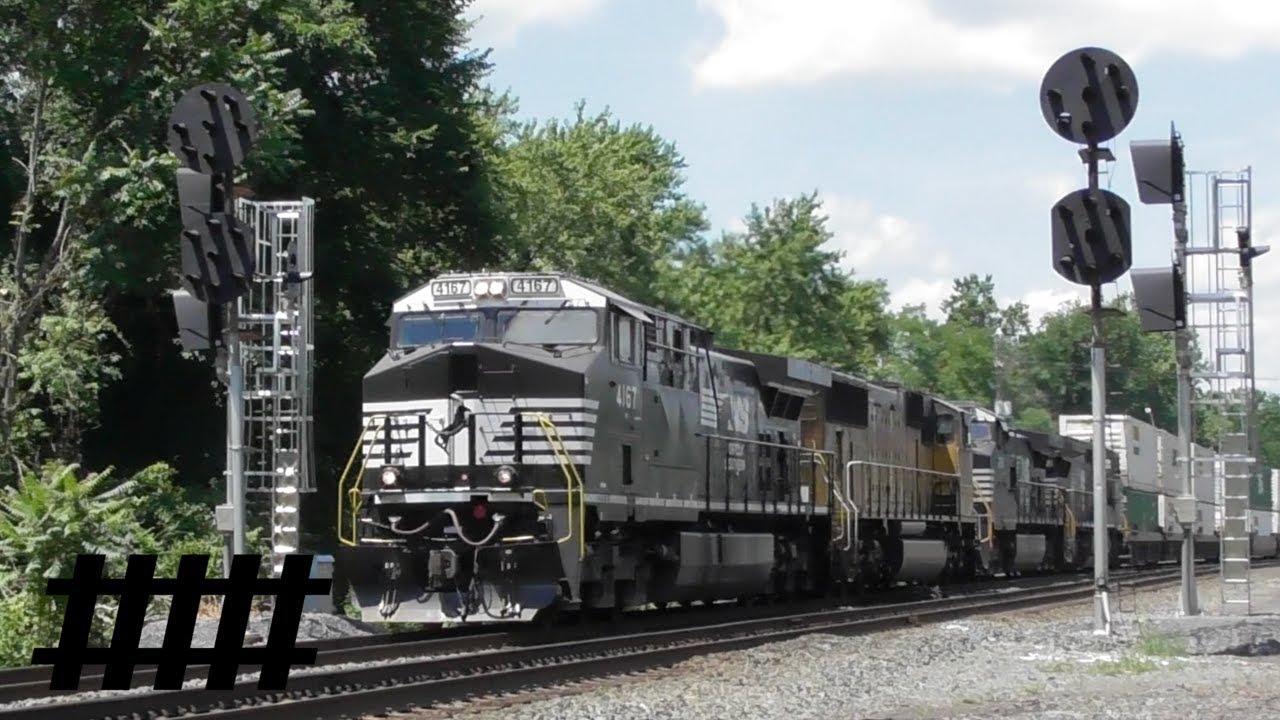 NS Trains at CP Hunt in Huntingdon, PA with PRR Signals and Closed RR Crossing for Bridge Work