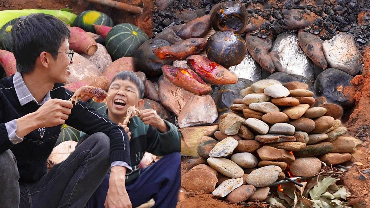 Тыква на гриле, сладкий картофель, курица под косточкой