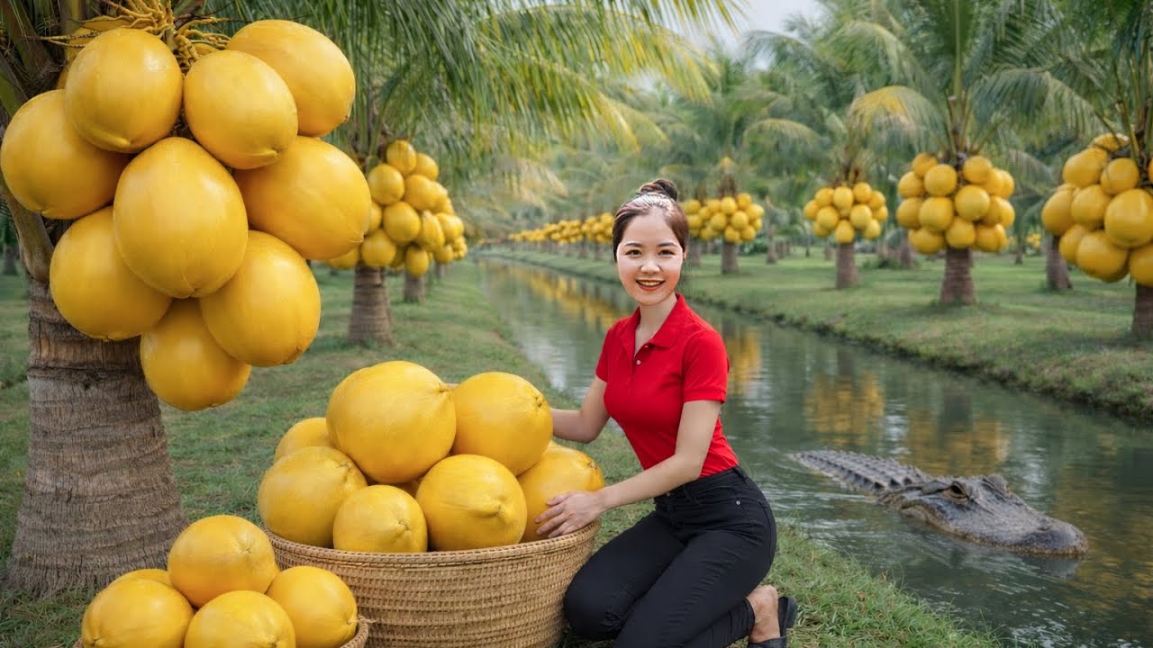 Harvesting 1000+KG of golden COCONUTS by a forgotten stream - Cooking traditional dishes.