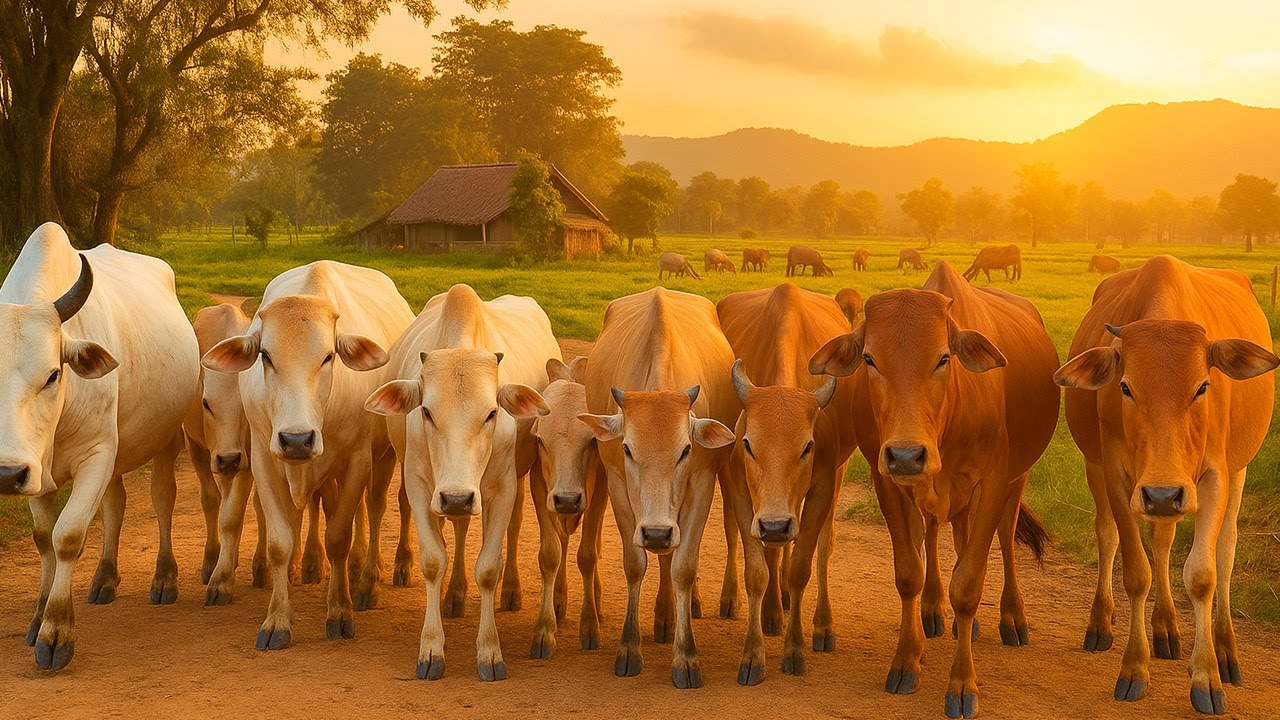 Gembala Kerumunan Sapi Lucu Yang berlari dan melompat Di ladang hijau, Suara Sapi Moo, Sapi merumput