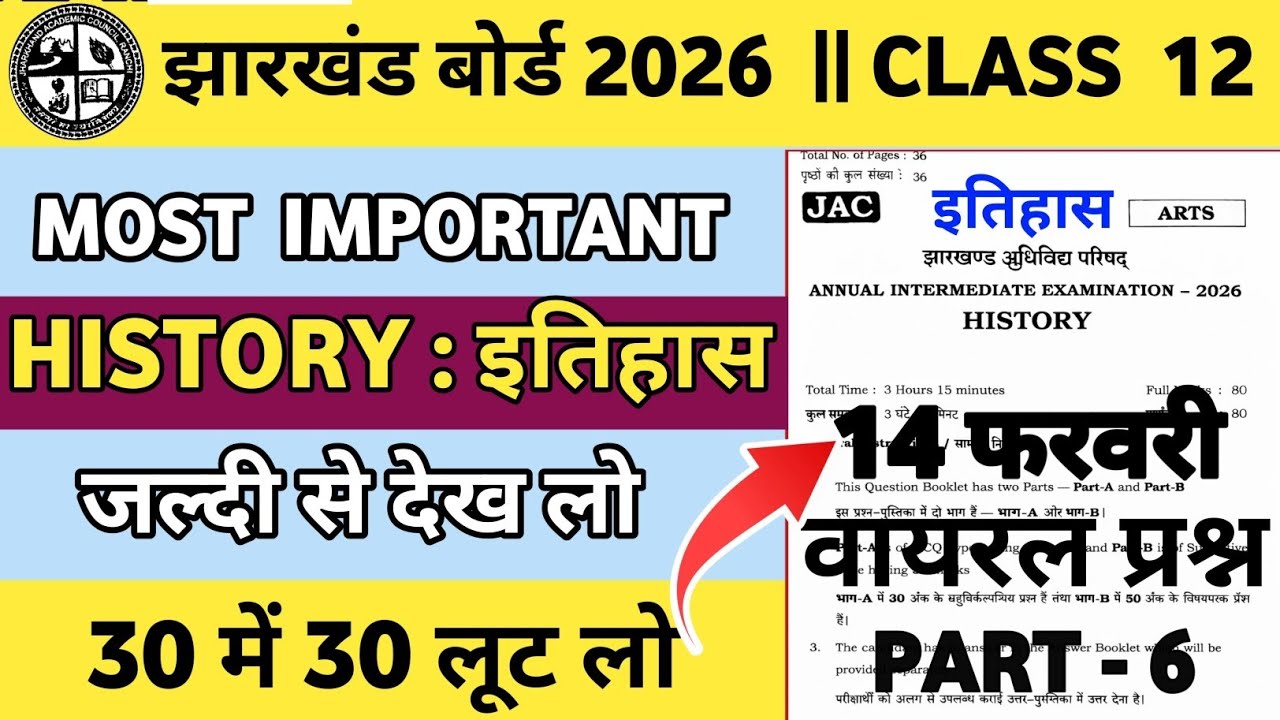 आ गया वायरल प्रश्न: Class 12 History Question Paper 2026 | Jac Board Class 12 History Objective 2026