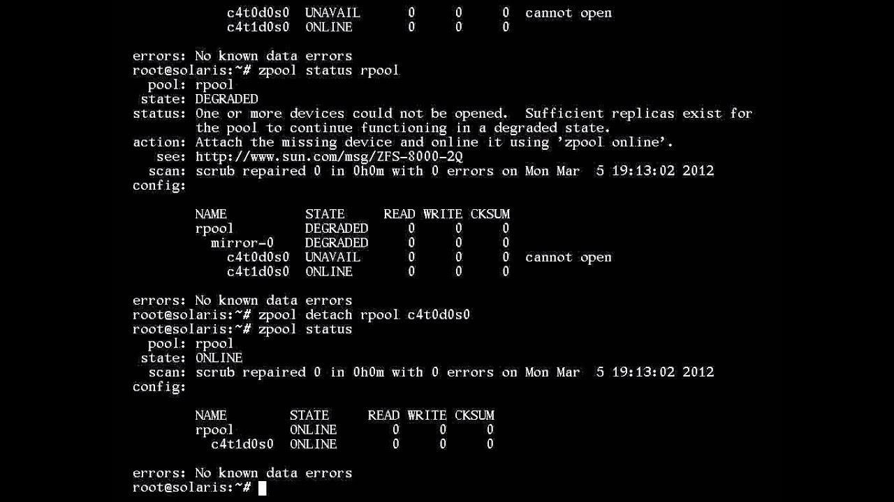 Solaris: fix a faulted mirror zfs rpool