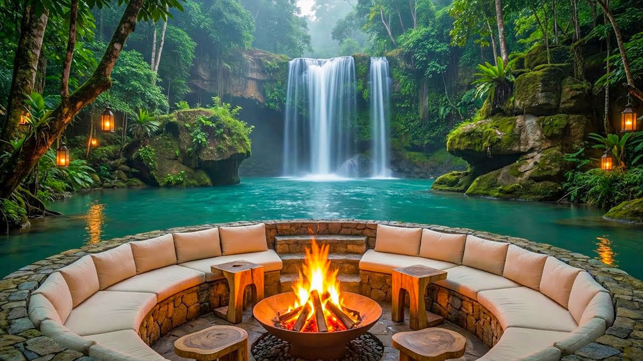 Tropical Paradise Escape 🌴💧 Ocean Waves, Warm Fire for Ultimate Relaxation