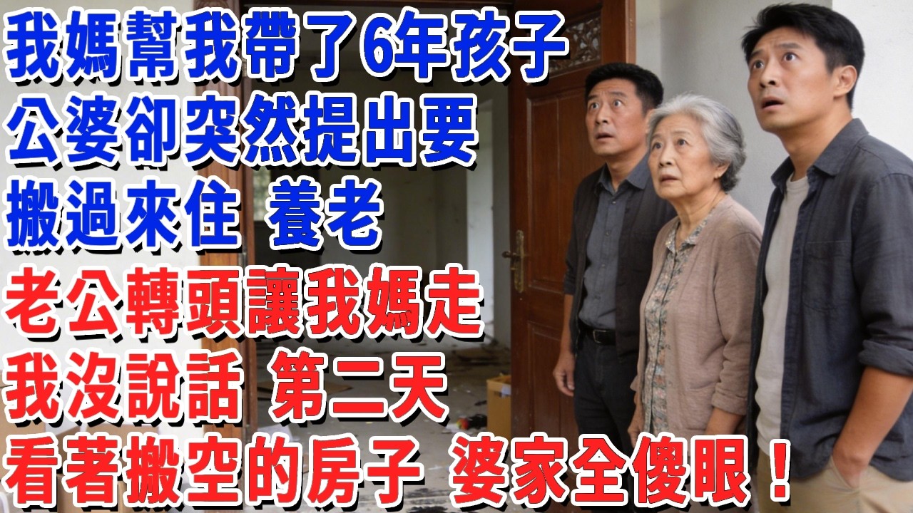 我媽幫我帶了6年孩子，公婆卻突然提出要搬過來住 養老，老公轉頭讓我媽走，我沒說話，第二天，看著搬空的房子 婆家全傻眼！#小娟講故事 #情感故事 #老年生活