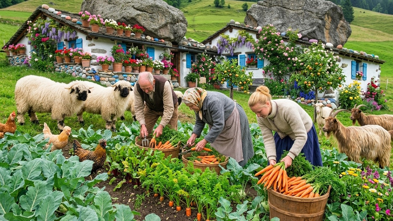 A peaceful countryside - Harvesting fruits and vegetables, feeding animals, and simple farm life