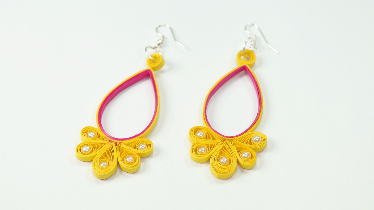 Quilling Earring - Making Yellow Pink Quilled Jhumkas with Beads