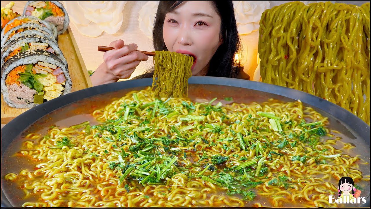 Mukbang:) 🥬Cilantro Ramen & Giant Tuna Gimbap Mukbang ☆ Big Bites :: ASMR :: Eatingshow ☆