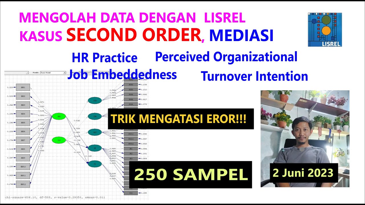 OLAH DATA LISREL, KASUS SECOND ORDER, MEDIASI, 250 SAMPEL, 2 JUNI 2023