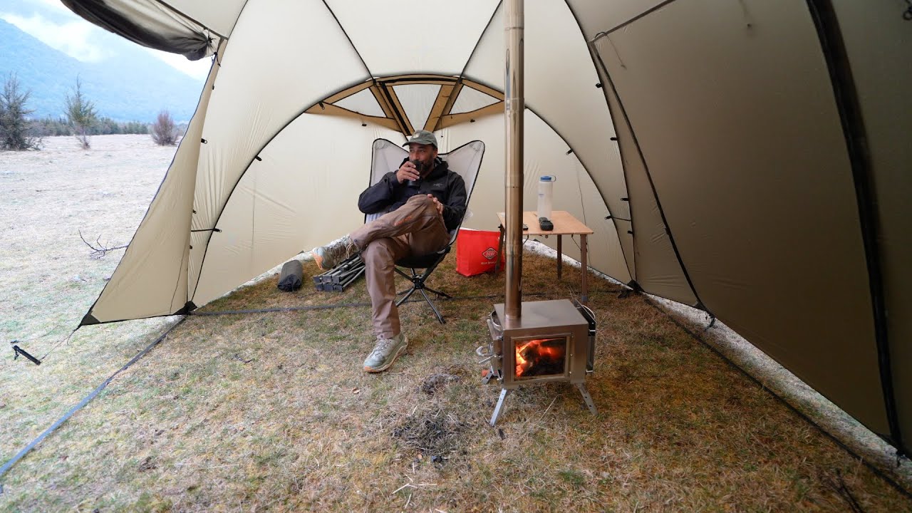 WINTER Hot Tent Camping In FREEZING Heavy Rain Storm