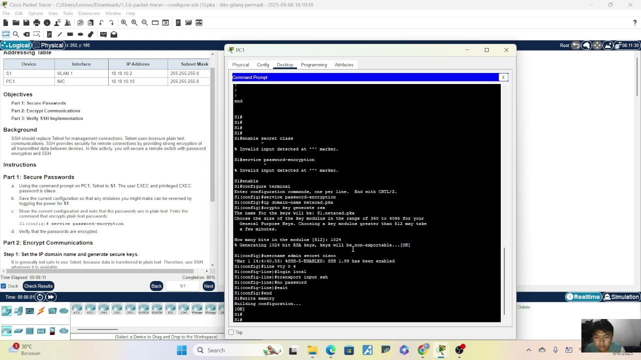 1 3 6 Packet Tracer   Configure SSH