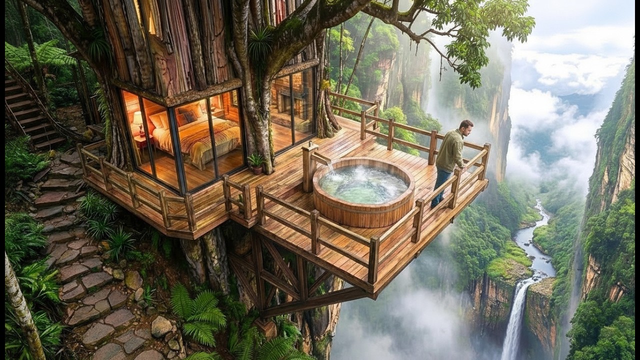 I Built a Tree House on a Dangerous Cliff Above a Massive Waterfall (ASMR)