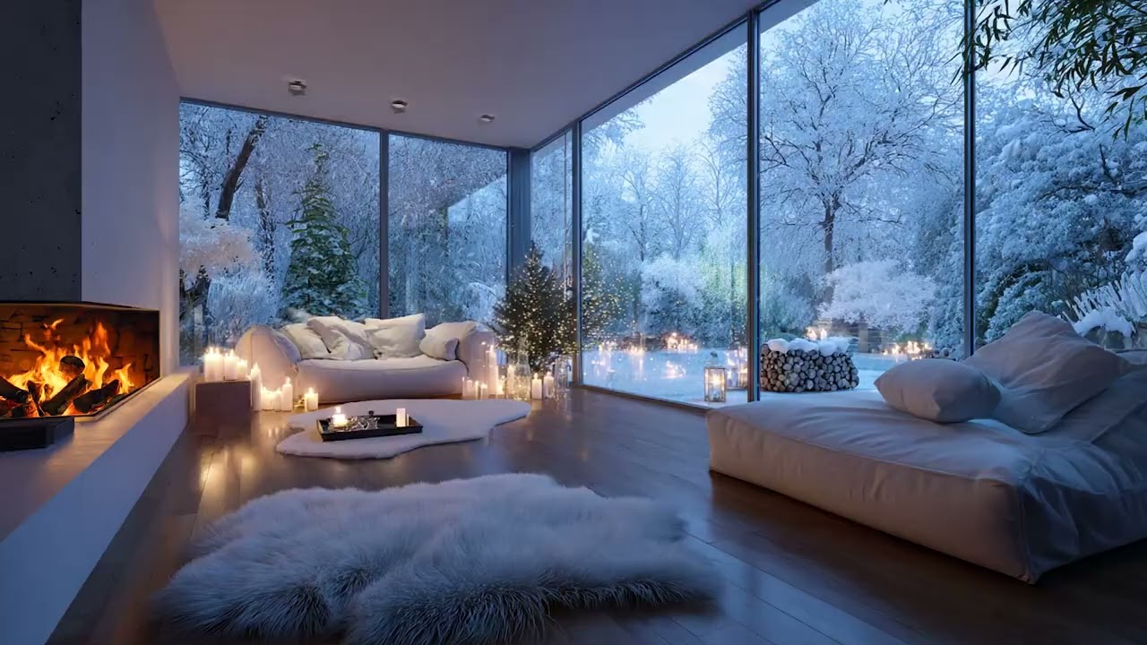 Warm Romantic Winter Living Room Snow Wind and Fireplace Sounds for Stress Relief