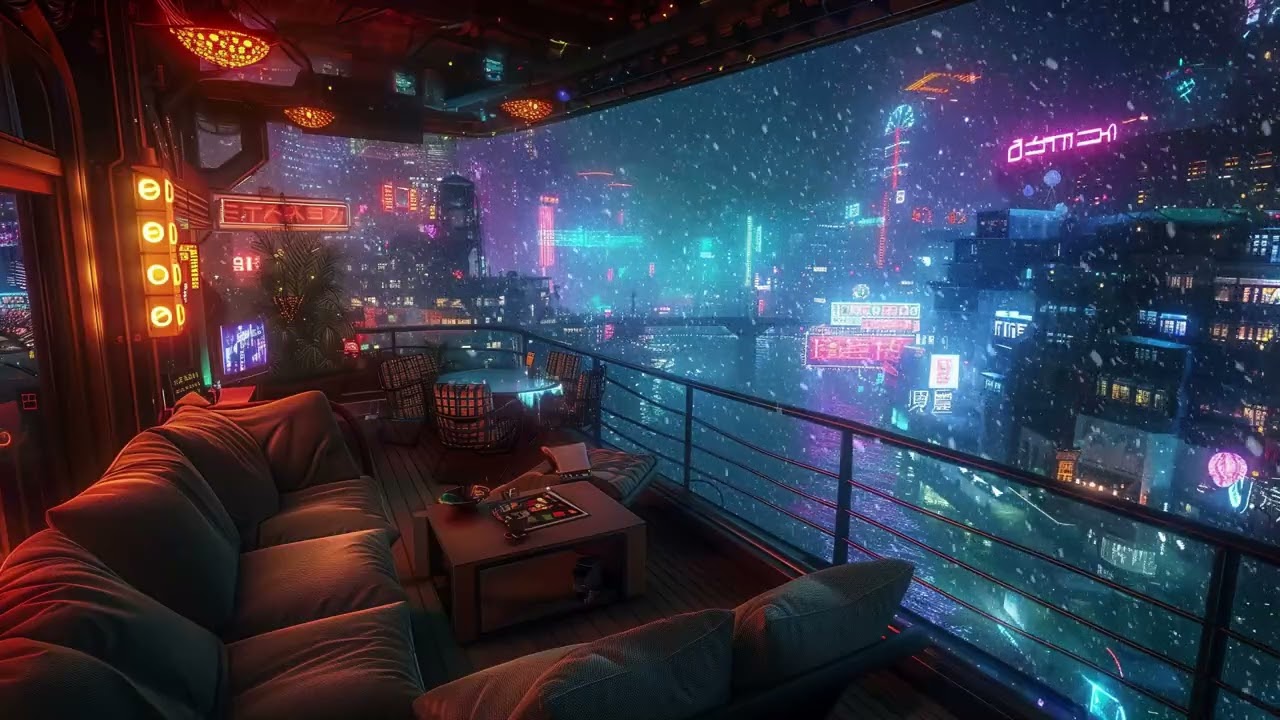 🎵 Balcony above the City: Snow and Ambient Music | Cyberpunk Balcony in a Skyrise | 12 hrs